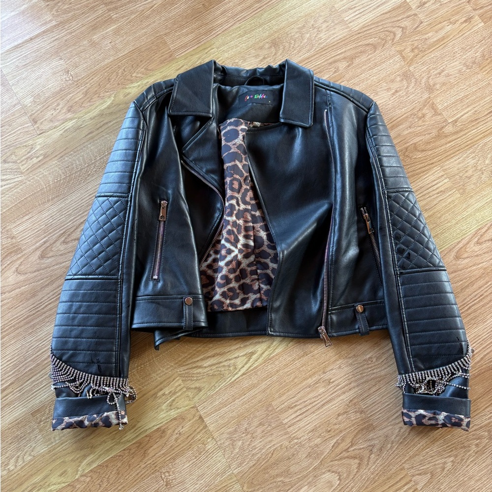 RODEO QUINCY Black Leather Jacket with Leopard lining and sequin detailing